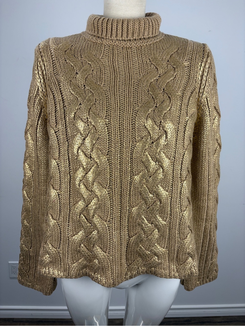 ZARA Golden Foil Metallic Cable Knit Turtleneck Sweater Chunky Boho M